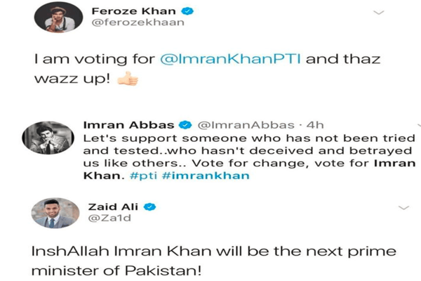 Pakistani celebs show their support for PTI and Imran Khan on social media.