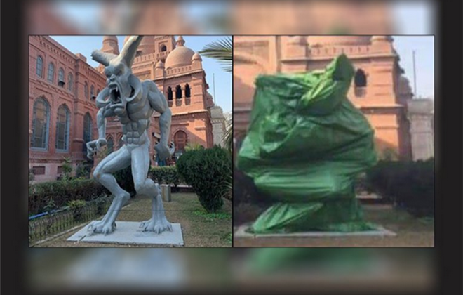 Devil’s statue outside Lahore museum removed after being covered