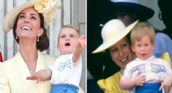 Prince Louis makes his balcony debut in the same outfit as Prince Harry wore 30 years ago.
