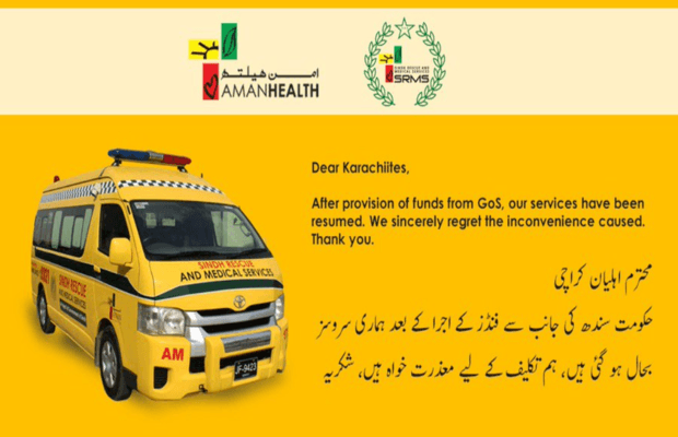 Sindh govt. release funds for suspended Aman Ambulance service