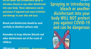 WHO warns of using bleach for protection against Covid-19