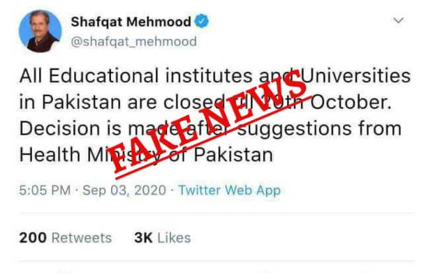 Shafqat Mahmood Refutes ‘false news’ regarding schools to remain closed till October