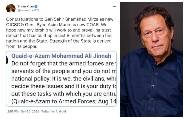 Imran Khan congratulates new CJCSC, COAS on assuming offices, with wrong date of Quaid-i-Azam’s address
