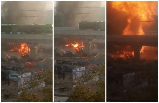 Watch: Green Line bus narrowly escapes cylinder blast in Sirjani Town, Karachi