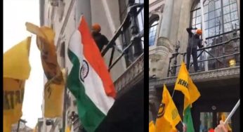 Pro-Khalistan Sikh activists take down the tri-colour flag at Indian High Commission in London