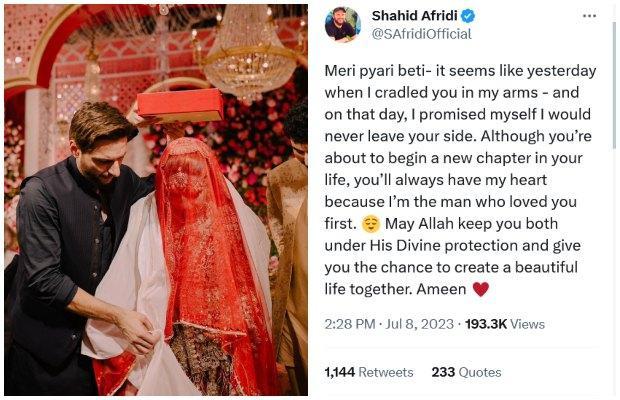Shahid Afridi pens a heartfelt note for his eldest daughter Aqsa Afridi on her Rukhsati