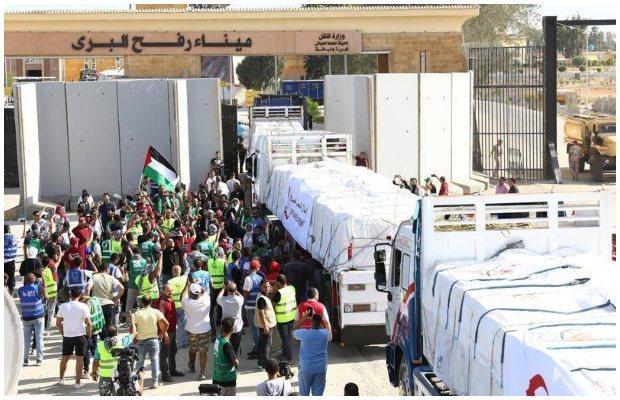 First aid convoy enters Gaza Strip via Rafah border crossing on the 15th day of the war