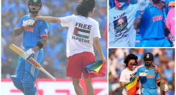 A pro-Palestine fan invades ICC World Cup final holding LGBTQ flag