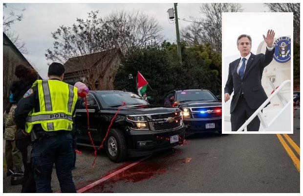 Pro-Palestinian protesters target Secretary of State Antony Blinken’s car with ‘fake blood’